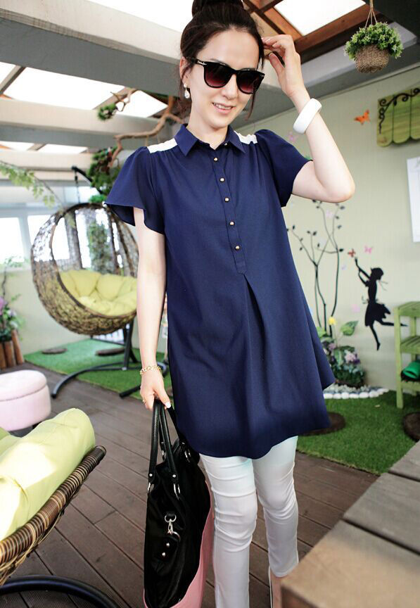 Woman Dark Blue Lace Shoulder Chiffon Short Sleeved Collar Shirt - 30910DB-L