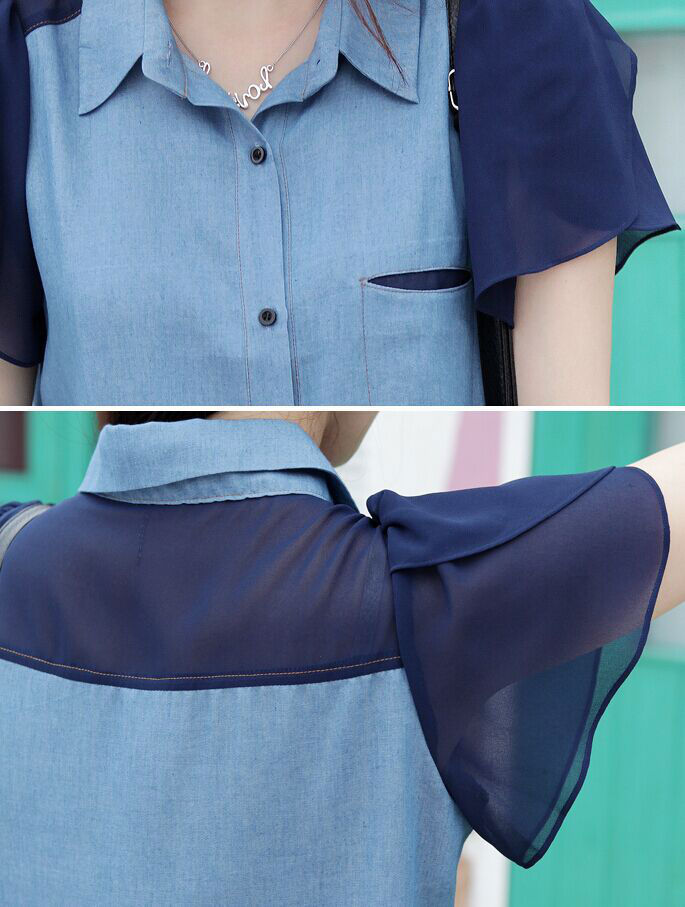 Thumbnail: Jeans Chiffon Short Sleeved Shirt -30463 - L