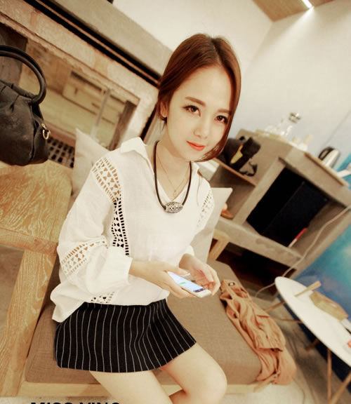 White Hollow Long Sleeved Korean Shirt - 28961WE
