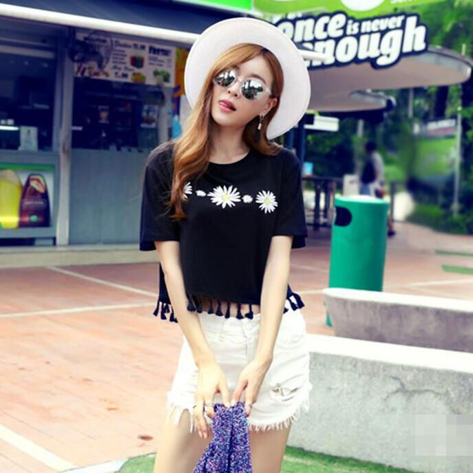 Black Flowers Short Sleeved Tassels Summer T-Shirt - 30354BK