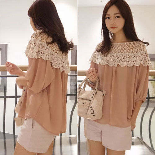 Dusty Pink Sleeved Lace Neckline Chiffon Shirt ( SOLD OUT )