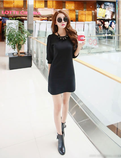 Black Half Sleeved Simply Dress - 28688BK