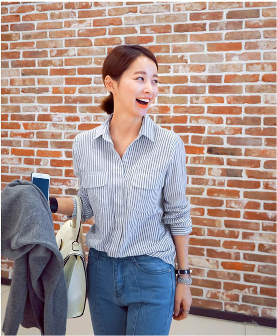 Gray White Striped Long Sleeved Pocket Blouse - 28940GY