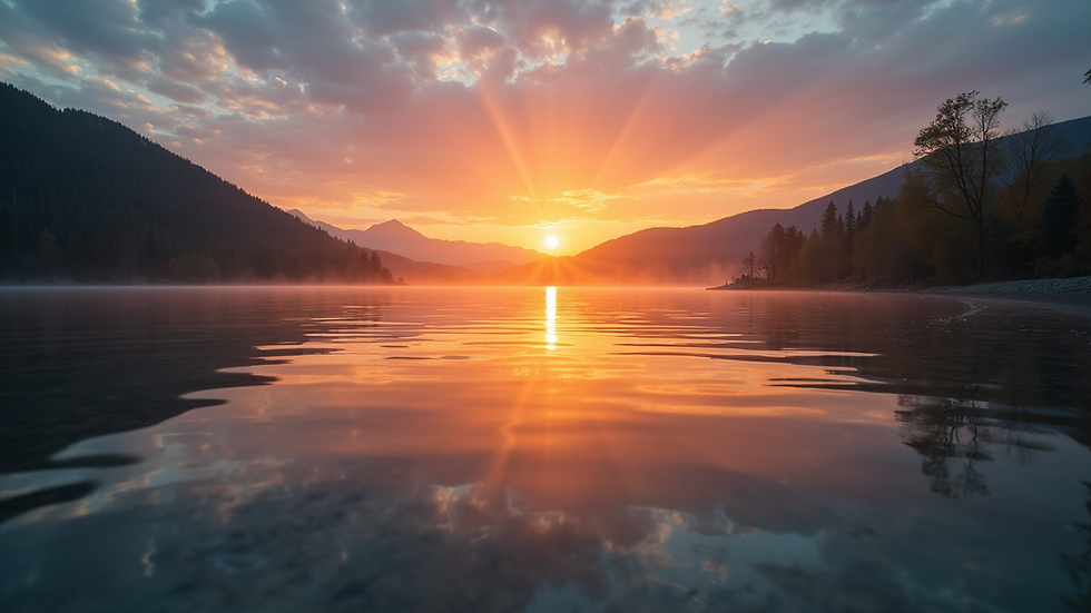 Eye-level view of a sunrise over a calm lake