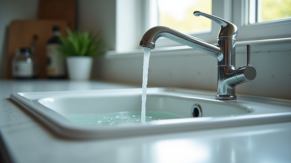 Eye-level view of a sparkling clean kitchen sink with soft water