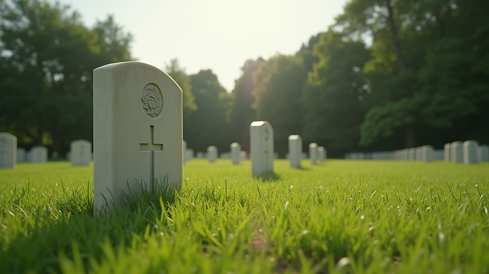 Wide angle view of a natural burial ground with simple markers and green grass