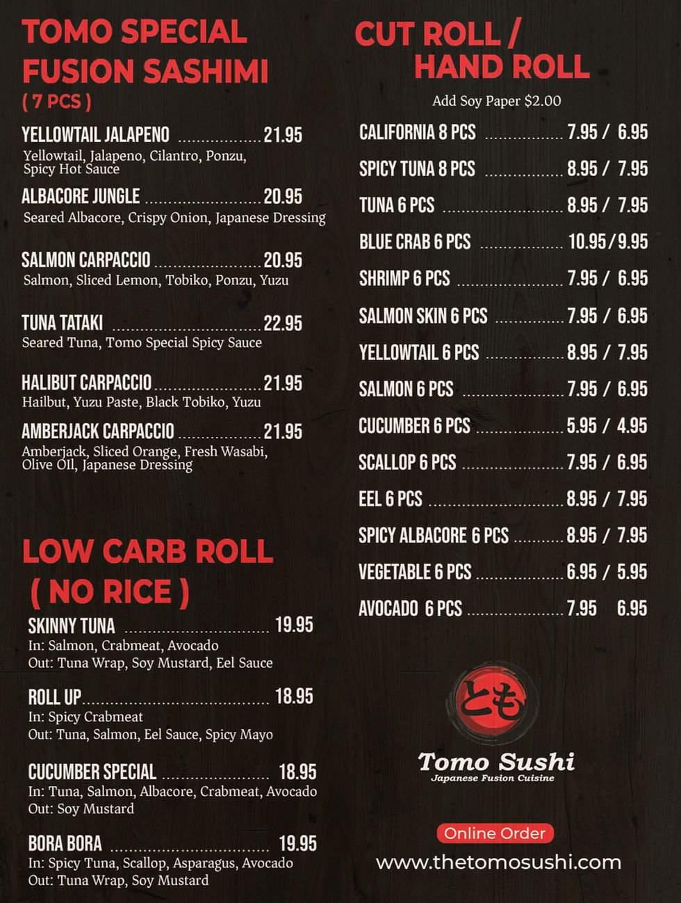 Tomo special fusion sashimi/cut roll/handroll/Low Carb Roll/ all listed items shown menu section with price.