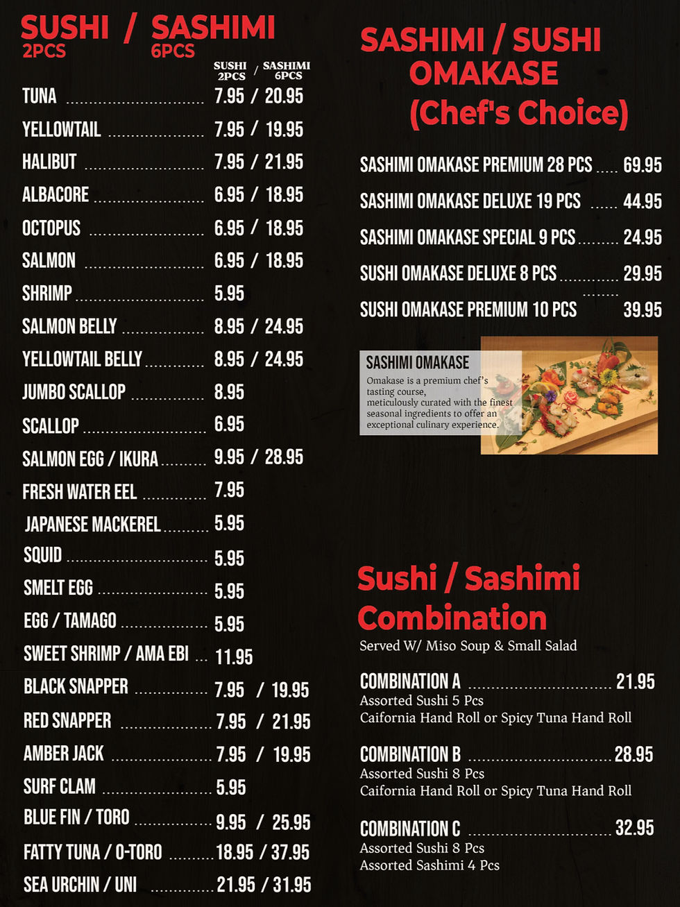 Sushi/Sashimi all listed items shown menu section with price.