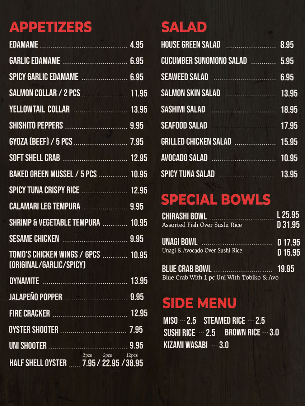 Appetizers Salad Special Bowl/ all listed items shown menu section with price.