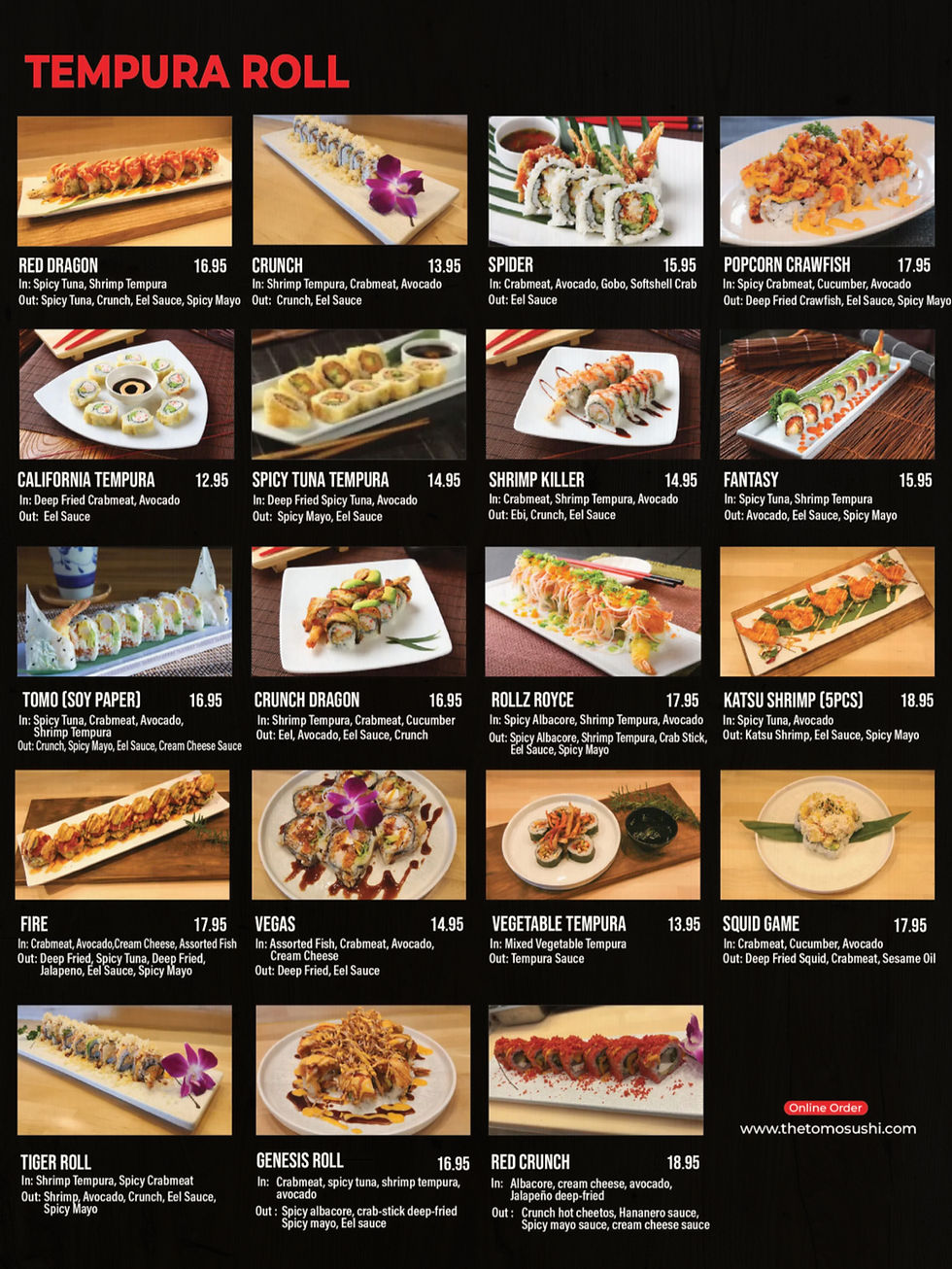 Tempura Roll photos and prices/ all listed items shown menu section with price.
