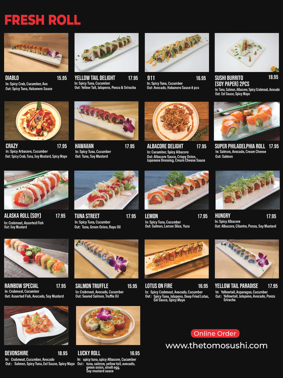 Fresh Roll - photos and prices/ all listed items shown menu section with price.