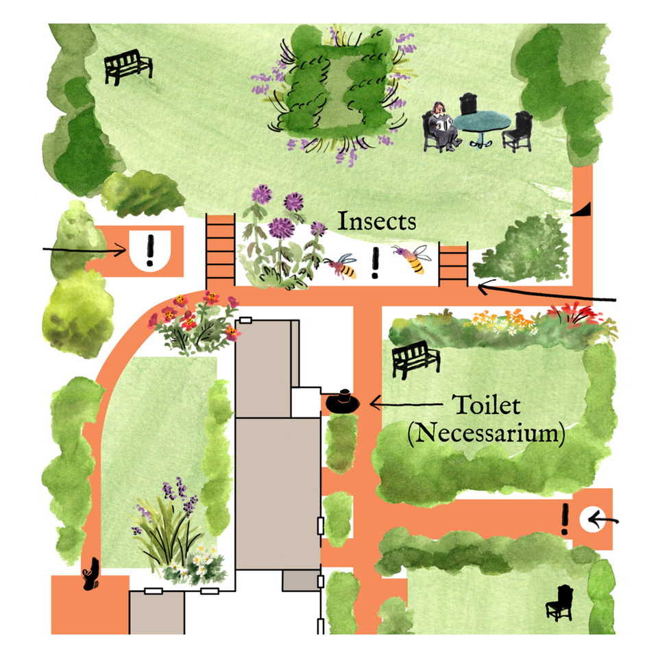 close up of an illustrated map with icons marking sensory elements such as sound and uneven flooring.