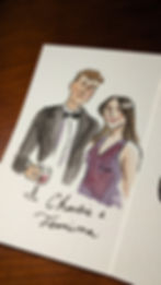 Live painted watercolor of a man in a tuxedo holding a wine glass and a woman in a purple dress. Text reads "Charlie & Jemima." Mood is elegant.