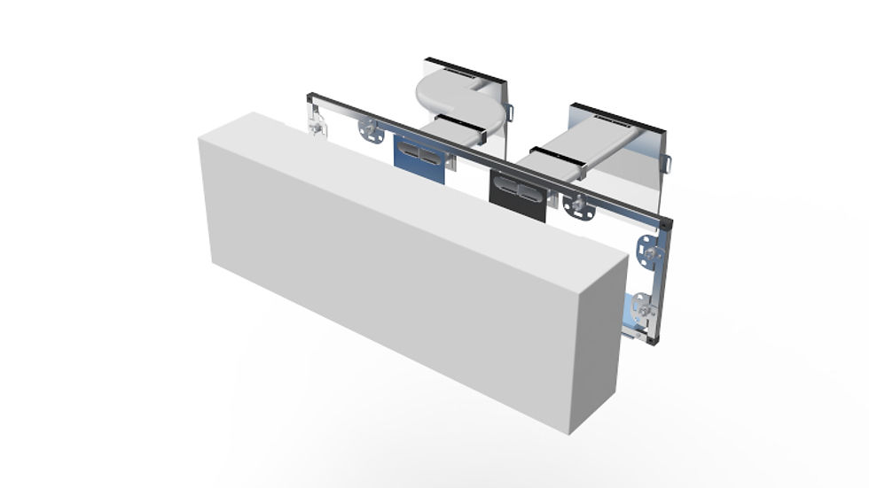 Vista esplosa 3D di un cassonetto coibentato per avvolgibile con sistema VMC integrato, che mostra i condotti di aerazione, le bocchette di mandata e i supporti di fissaggio."