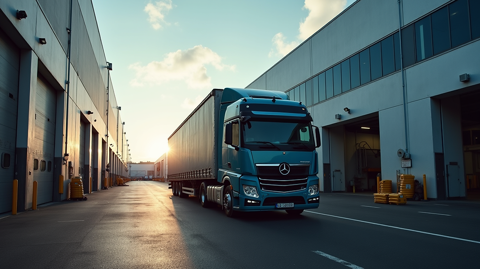 Eye-level view of a freight truck parked at a loading dock