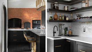 All cabinetry including the bases of both islands and the beverage bar are handcrafted in black lacquered Rift White Oak, topped with Carrara Marble counter tops.
