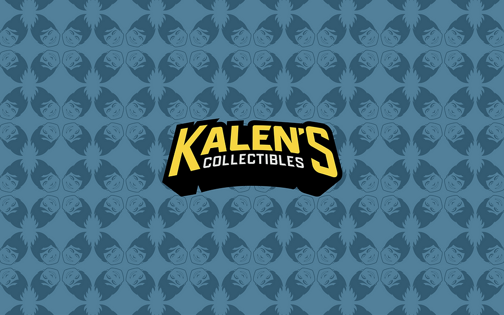 Custom repeating pattern with Kalen’s Collectibles logo on blue background