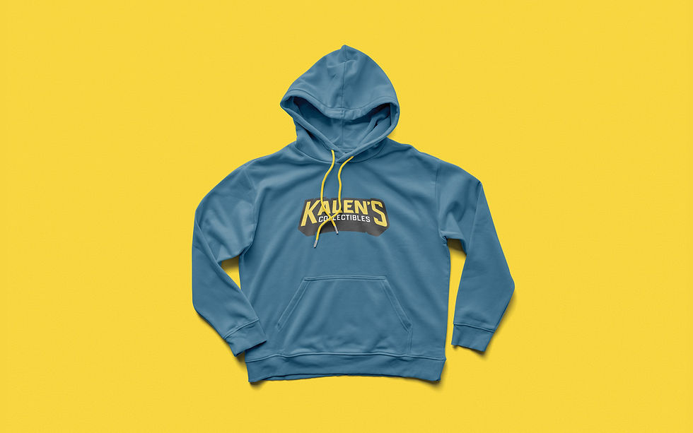 Branded hoodie with Kalen’s Collectibles logo printed across the chest