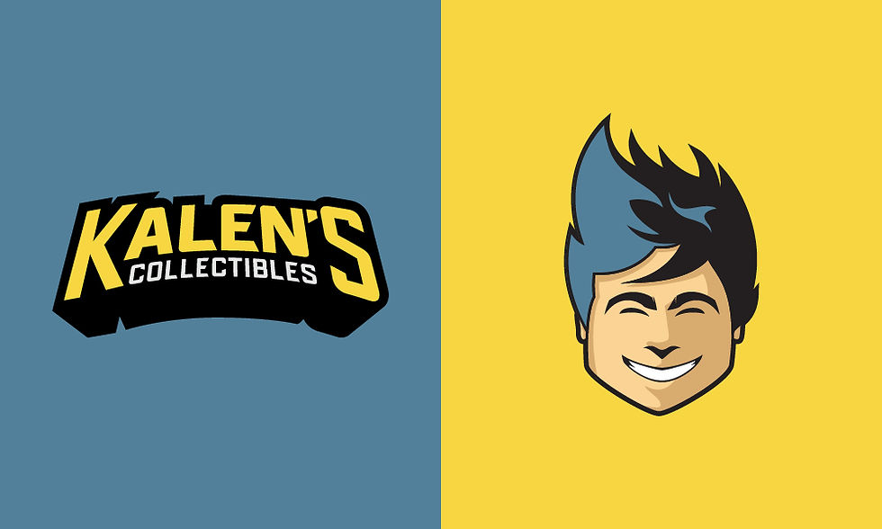 Side-by-side identity lockups showing Kalen’s Collectibles logo and character illustration