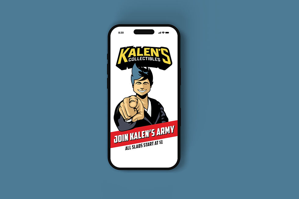 Whatnot app mockup featuring Kalen’s Collectibles live selling profile and branding