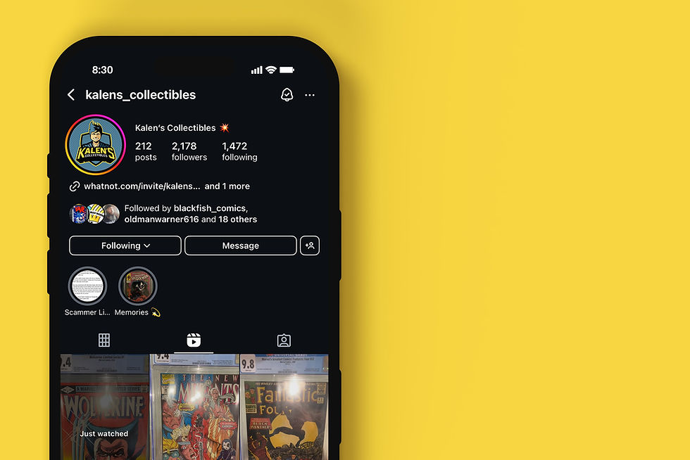 Instagram profile mockup for Kalen’s Collectibles showing social content and logo usage