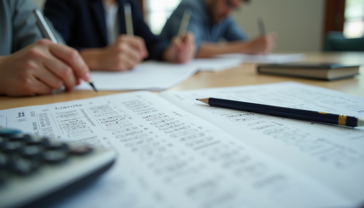Eye-level view of a student’s desk with LANTITE test papers and a calculator