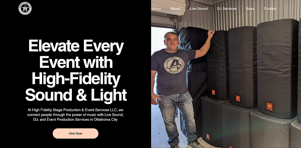 Man in a t-shirt stands next to stacked JBL speakers in a storage space. Black background with text: "Elevate Every Event with High-Fidelity Sound & Light."