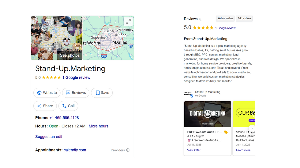 Stand-Up.Marketing Google profile: 5-star review, Dallas map, contact info, website links, and promotional offers. Bright, professional layout.