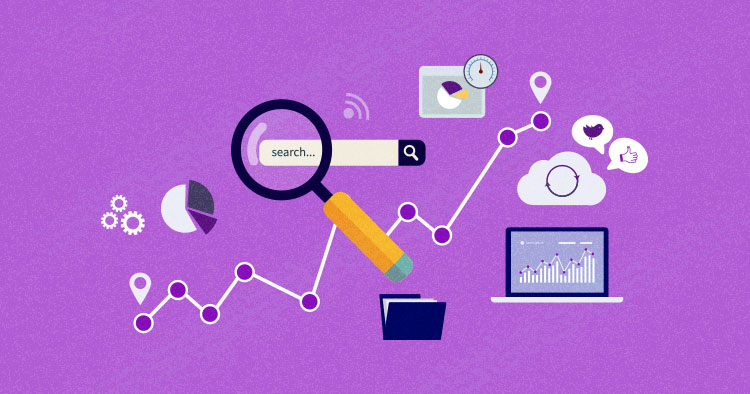 Magnifying glass with "search..." text, graphs, laptop with charts, icons on purple background. Represents data analysis and connectivity.