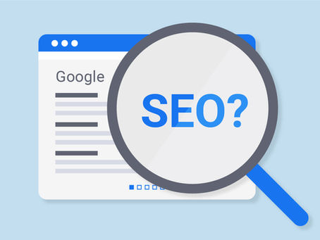 Illustration of a Google search page with a magnifying glass highlighting the word SEO