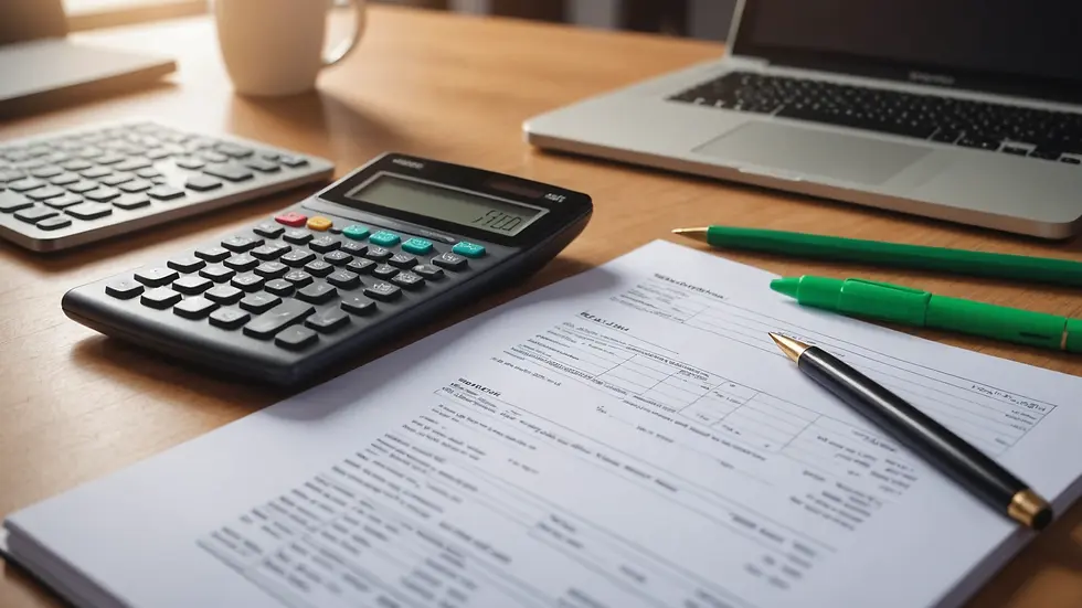 Eye-level view of a calculator and spreadsheets on a desk