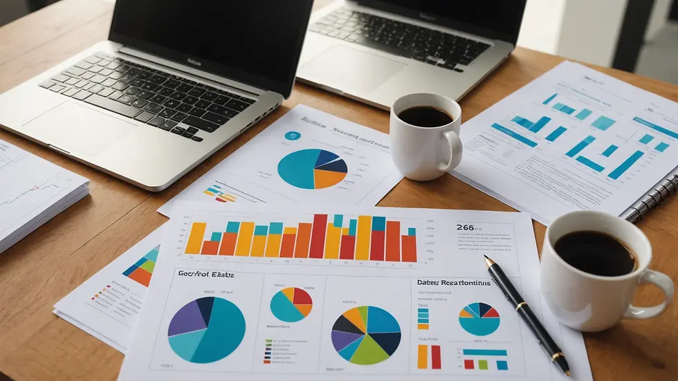 High angle view of a desk with graphs and reports displaying business growth