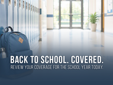 Blue backpack and water bottle by lockers in a bright school hallway with ad text: Back to school. Covered. with Citizens Alliance Agency.