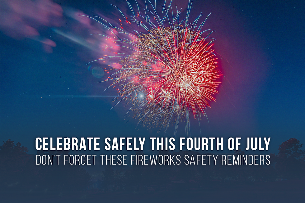 Celebrate Safely this Fourth of July! Don't forget these fireworks safety reminders from Citizens Alliance Agency. Night sky with red and blue fireworks over a rural setting in the summer.