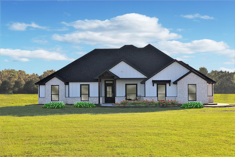 Photo of home with white siding and cream colored rock