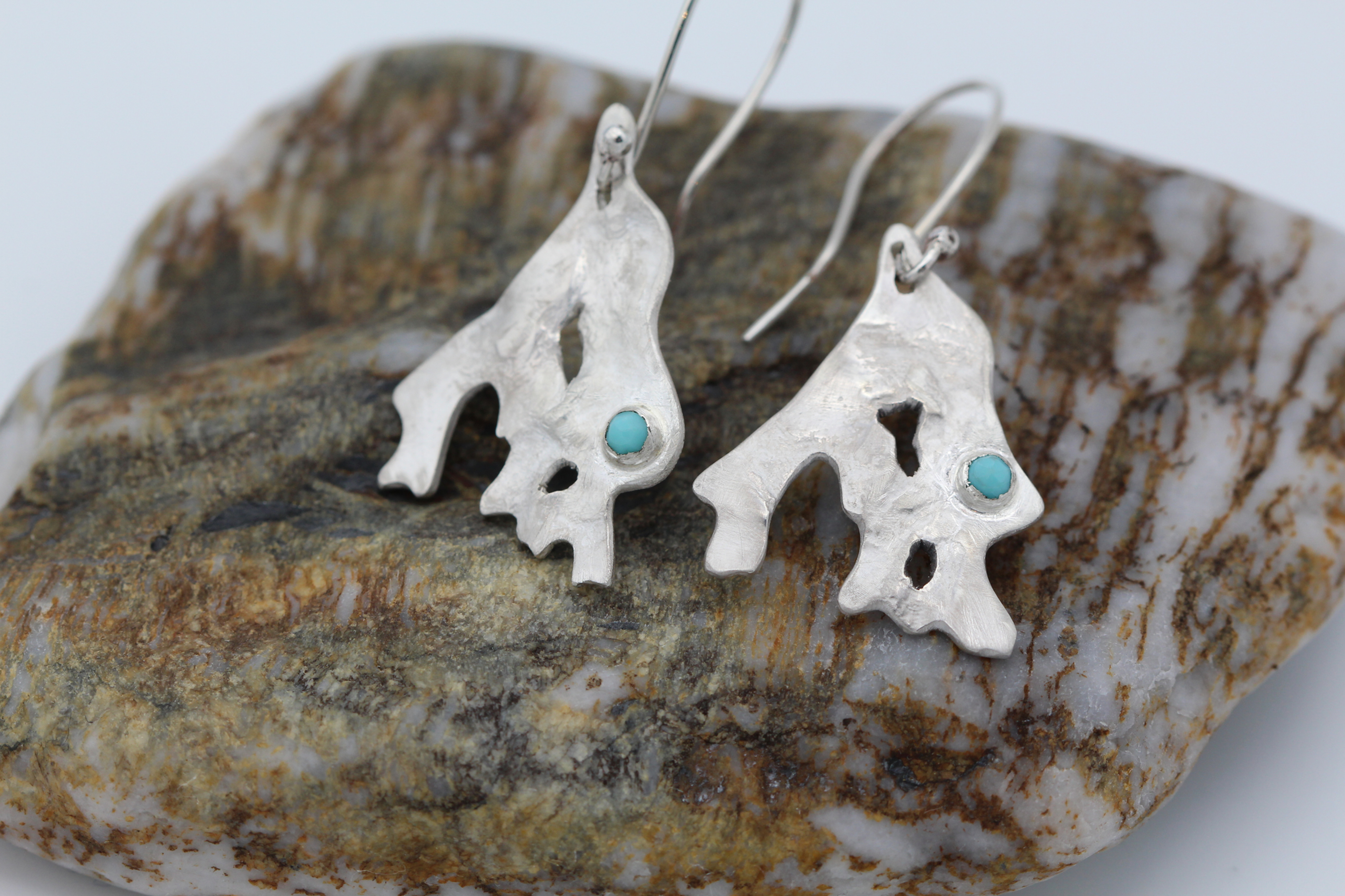 Seaweed Earrings set with Cabouchon Turquoise Gemstone