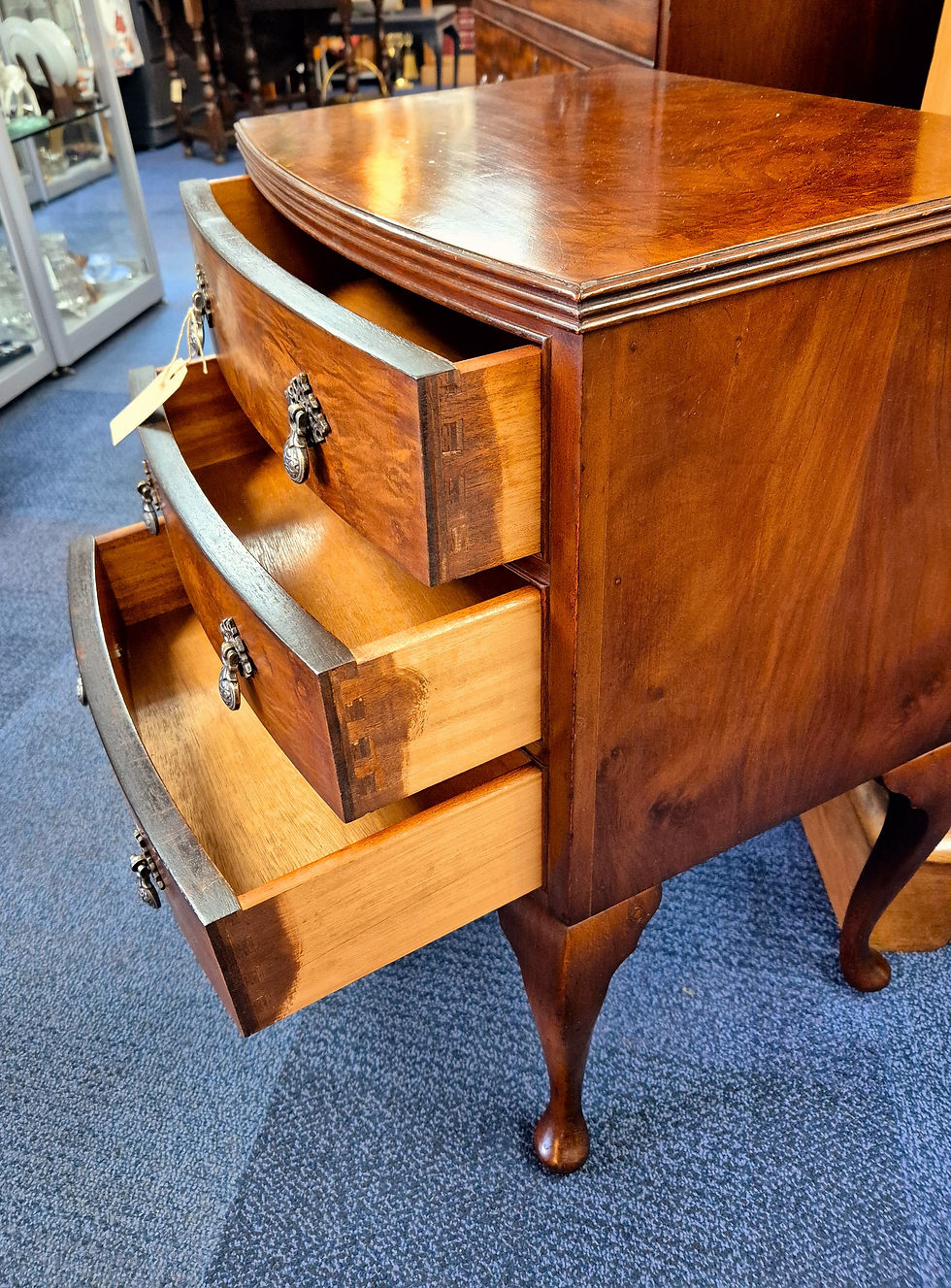 Thumbnail: 20thC Burr Walnut Bow Front Bedside Chest of Drawers