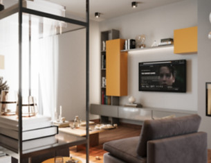 Warm contemporary living space designed through thoughtful spatial planning, bespoke detailing, and soft material layering fo