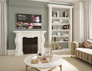 Classic living room with fireplace, chandelier and built-in shelving, elegant interior design