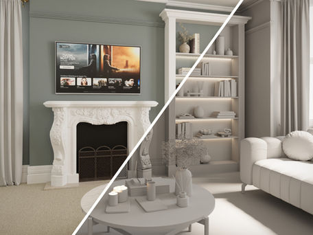 A 3D render of a modern interior design featuring furniture and decor without textures, showcasing the modeling and lighting details in the design process.