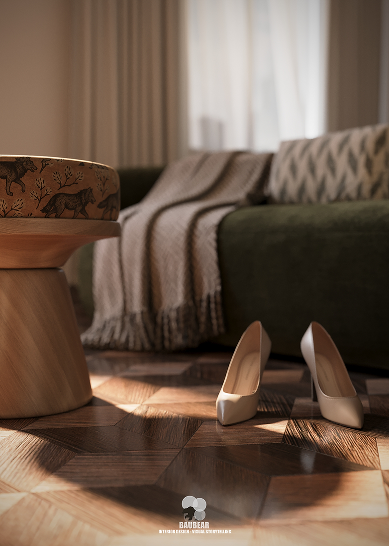 Quiet Ritual Living living room with green sofa and natural light by BauBear in London