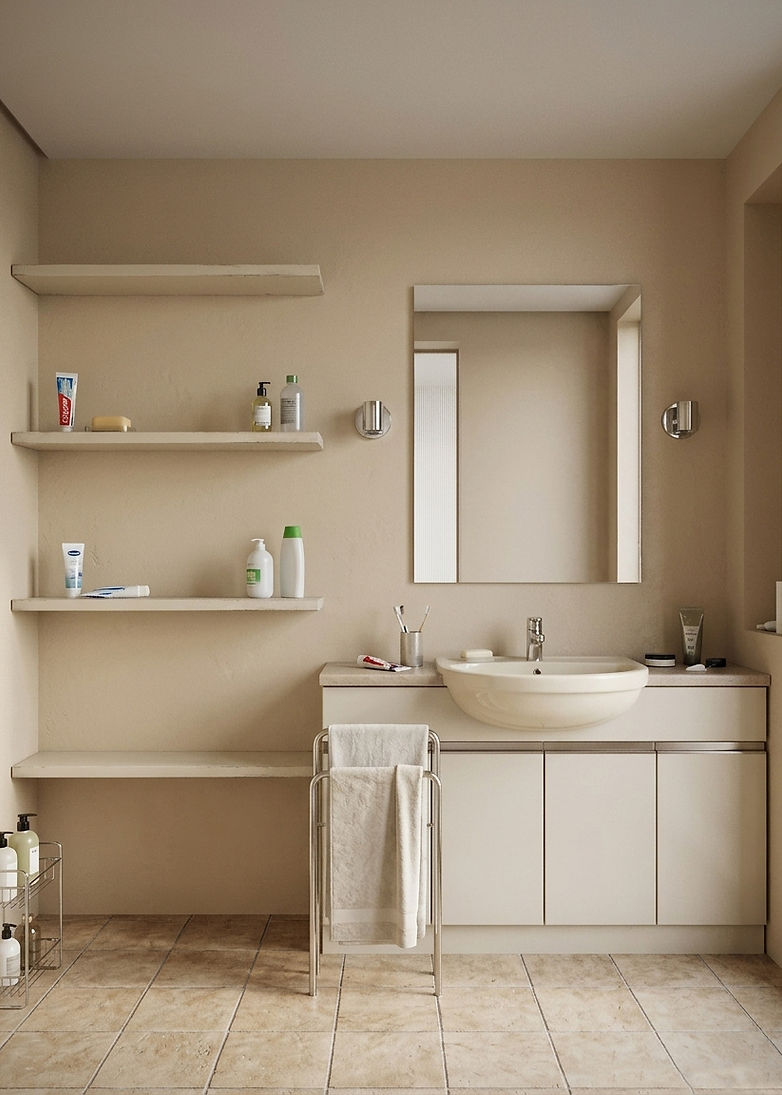 A conventional residential bathroom in its pre-concept state, offering functional utility but lacking the sculptural material
