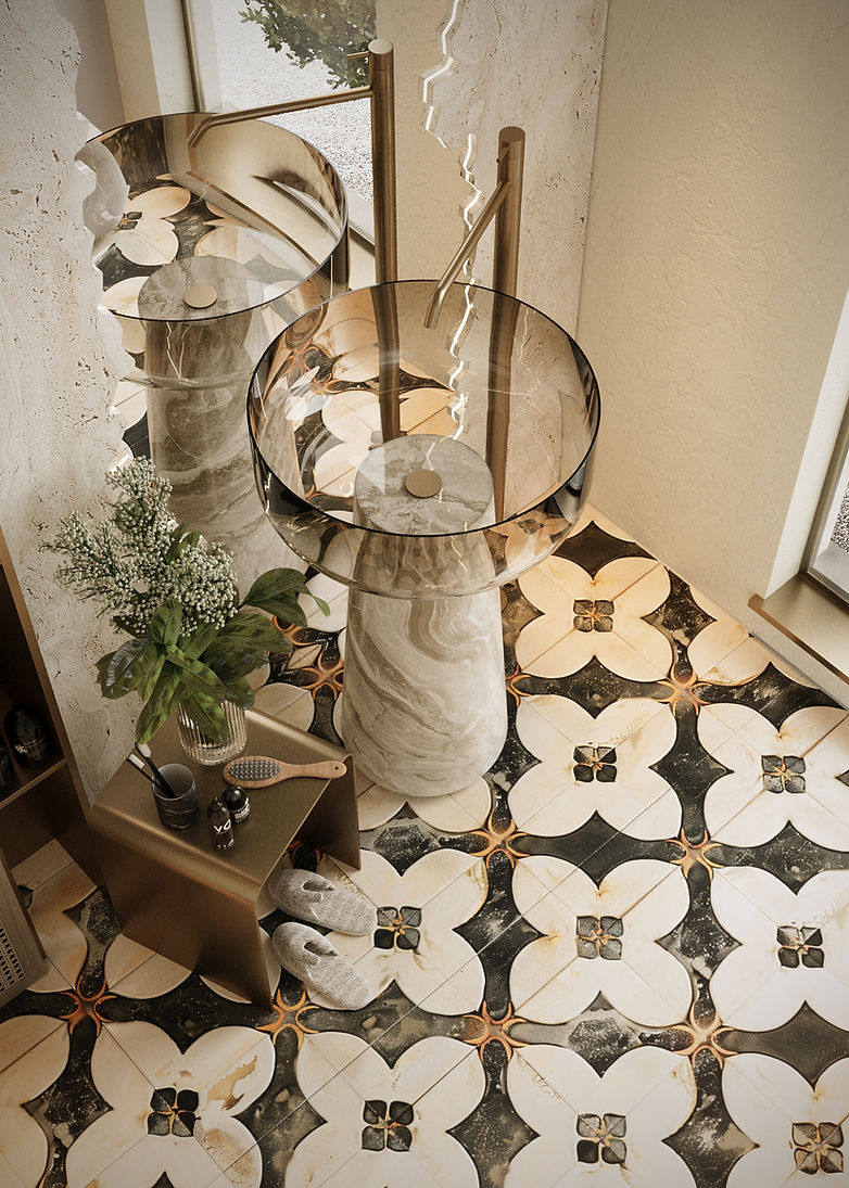 Designer marble basin and patterned floor tiles in a contemporary bathroom with warm natural materials and elegant finishes.