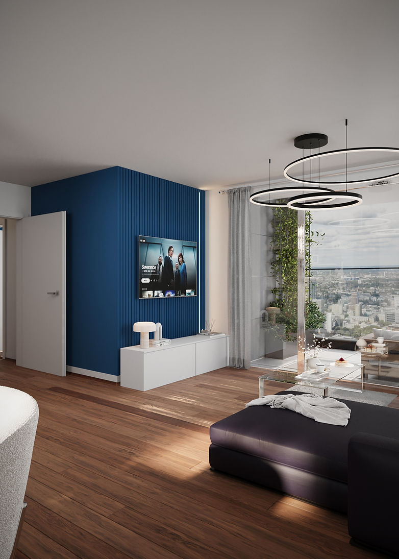 Contemporary living room with city skyline view and feature lighting – modern London apartment interior design 3D render