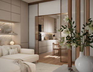 Contemporary residential transformation balancing softness, material warmth, and functional living through curated interior d