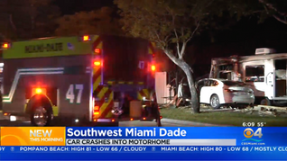 MDFR responded to the scene of a car that crashed into a home and caught fire near Coral Way and SW 131 Place.  