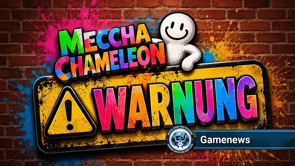 Zeigt ein Bild des Spiels Meccha Chameleon mit der Aufschrift Warnung
