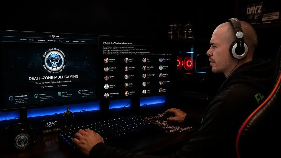 DeltaR an seinem Gaming-PC mit geöffneter Death-Zone-Multigaming-Website als Symbol für seine Rückkehr in die Community.