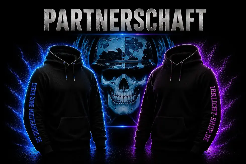 Partnerschaftsgrafik mit Death-Zone-Multigaming- und Irrlicht-Merchandise als Symbol für die neue offizielle Partnerschaft.