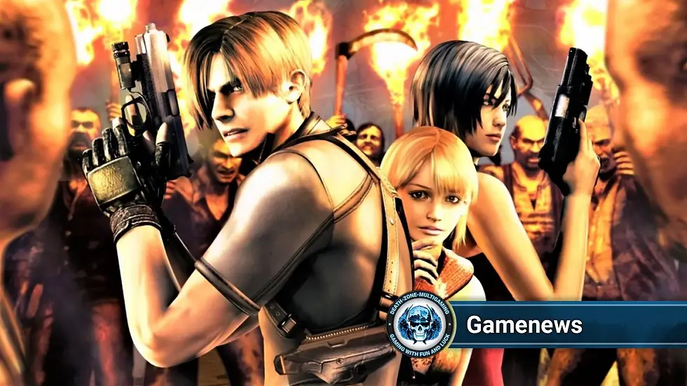 Resident Evil Szene mit Leon, Ashley und Ada vor Zombies im Hintergrund